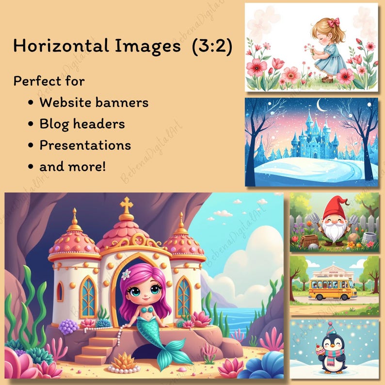 May include: A collection of digital art images, including a mermaid, a castle, a girl with flowers, a winter castle, a gnome, a school bus, and a penguin. The text reads "Horizontal Images (3:2)" and lists uses for website banners, blog headers, and presentations.