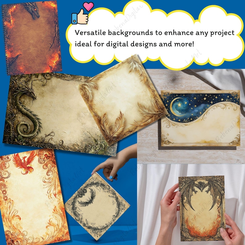 May include: A collection of fantasy-themed digital backgrounds. The backgrounds feature dragons, phoenixes, celestial designs, and ornate borders. The text reads "Versatile backgrounds to enhance any project ideal for digital designs and more!"