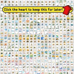May include: A grid of small watercolor art prints featuring various animals, landscapes, and objects. The prints are in a variety of colors, including blue, green, yellow, and pink. Text on a yellow banner reads "Click the heart to keep this for later!"