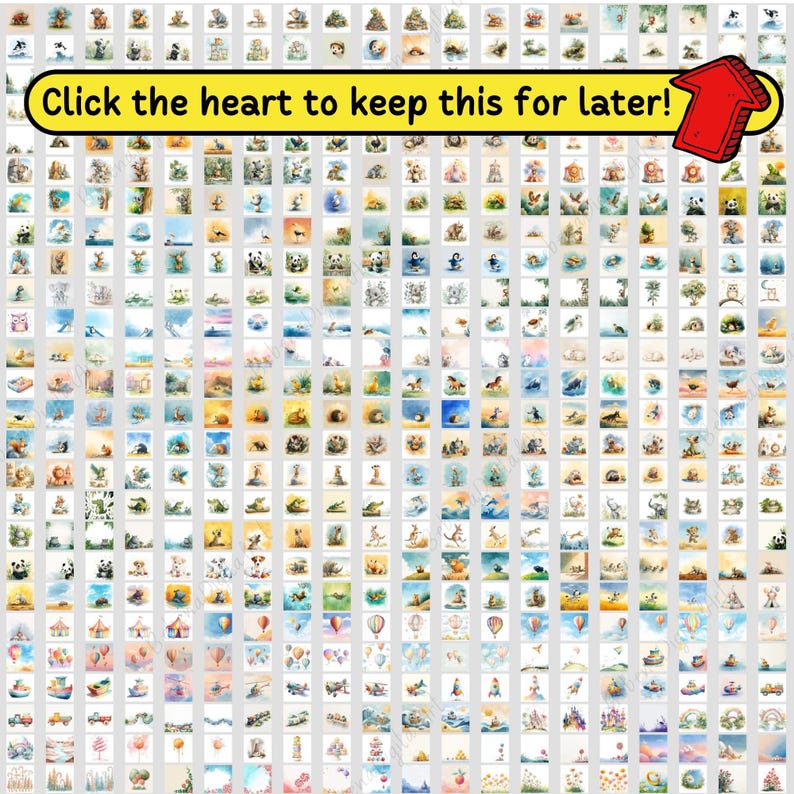 May include: A grid of small watercolor art prints featuring various animals, landscapes, and objects. The prints are in a variety of colors, including blue, green, yellow, and pink. Text on a yellow banner reads "Click the heart to keep this for later!"