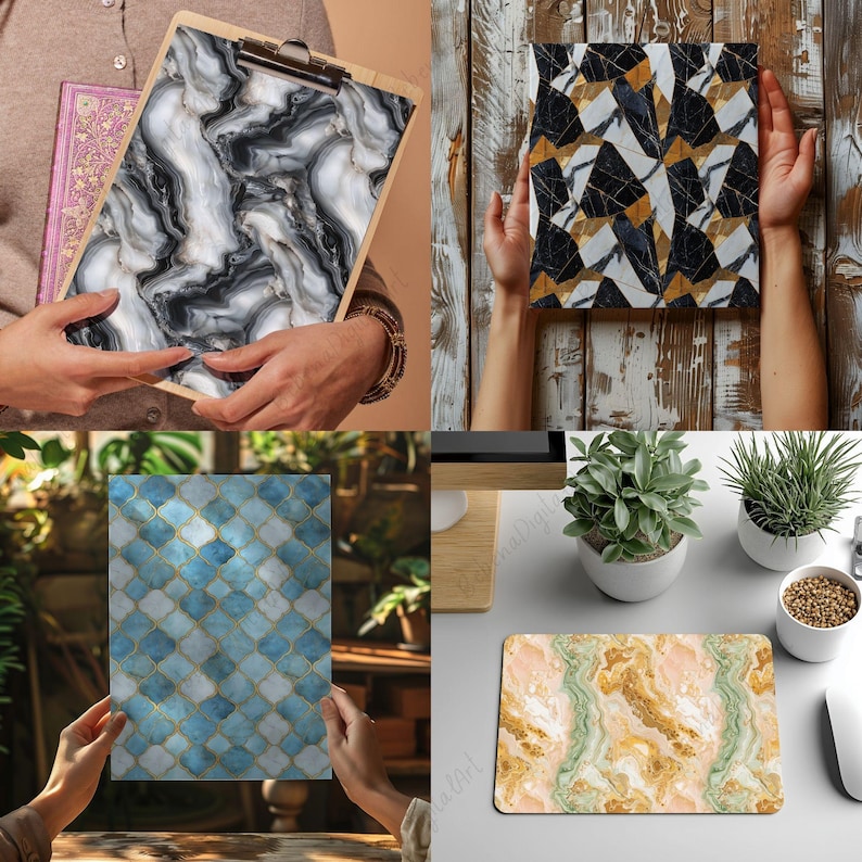 May include: Four different designs of decorative marble-style clipboard covers. The designs include a black and white marble pattern, a geometric pattern with black, white, and gold accents, a blue and gold mosaic pattern, and a green and gold marble pattern.