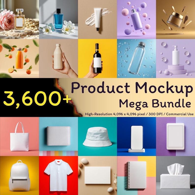 May include: A product mockup mega bundle featuring diverse items such as bottles, tubes, a tote bag, a hat, a shirt, and a notebook. The image showcases a range of colours and product presentations, with the text "3,600+" and "Product Mockup Mega Bundle".