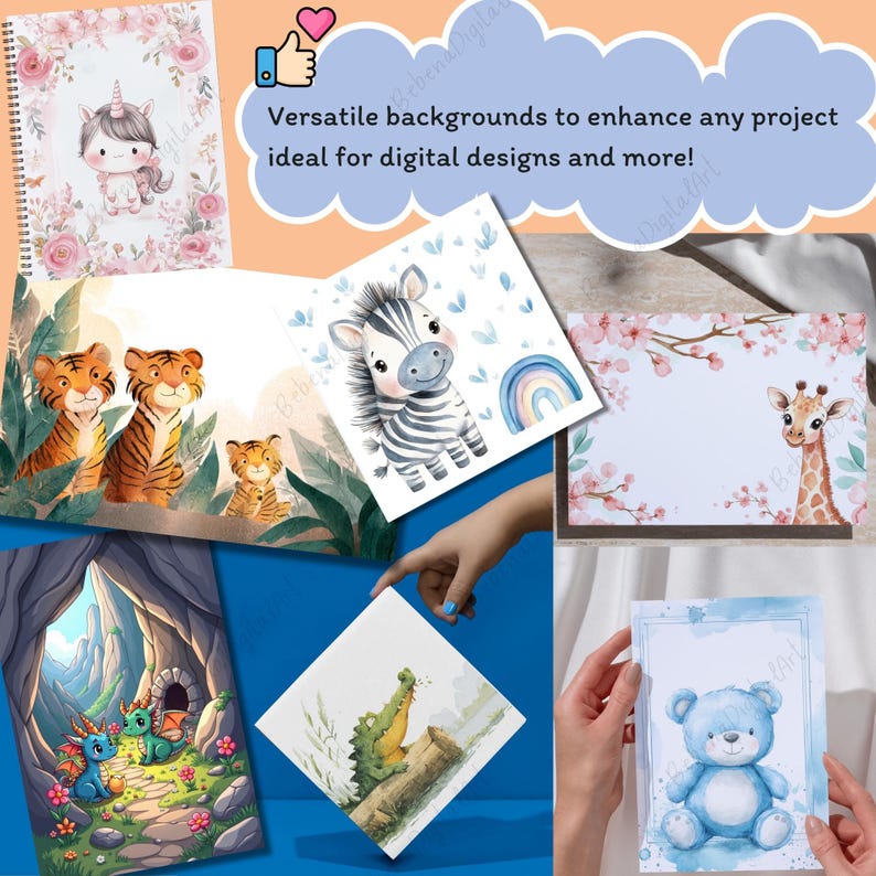 May include: A collection of watercolor illustrations featuring a unicorn, tigers, a zebra, a giraffe, dragons, an alligator, and a teddy bear. The images are surrounded by floral and nature-themed backgrounds. Text reads: "Versatile backgrounds to enhance any project ideal for digital designs and more!"