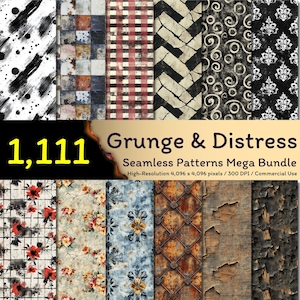 Könnte beinhalten: Eine Collage aus 12 verschiedenen Grunge- und Distress-Nahtlosen Mustern. Die Muster sind hochauflösend, 4.096 x 4.096 Pixel, 300 DPI und für kommerzielle Nutzung. Die Muster umfassen eine Vielzahl von Texturen wie Ziegel, Holz, Metall und Stoff.