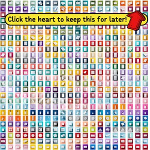 May include: A colourful grid of squares, each containing a small, white object. The squares are arranged in a repeating pattern, with a variety of colours. A yellow banner with the text "Click the heart to keep this for later!" and a red arrow.