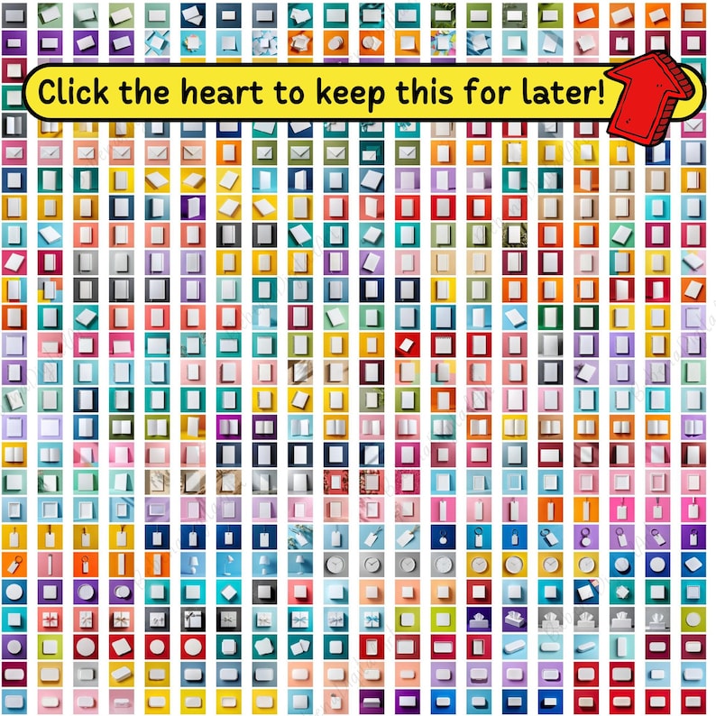 May include: A colourful grid of squares, each containing a small, white object. The squares are arranged in a repeating pattern, with a variety of colours. A yellow banner with the text "Click the heart to keep this for later!" and a red arrow.