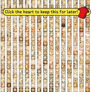 May include: A grid of small, square, aged-looking paper cards with various illustrations of dragons, birds, and other mythical creatures. The cards are in shades of brown and beige. Text at the top reads "Click the heart to keep this for later!" with a red arrow.