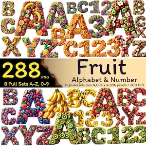 Paquete de 288 letras y números de frutas, lindas letras de la A a la Z, lindas frutas PNG, imágenes prediseñadas de frutas, letras de sublimación, paquete de alfabeto, uso comercial