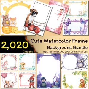2.020 graziose cornici per acquerelli, bordi per acquerelli, bambini giocosi, sfondi divertenti, carta digitale kawaii, pacchetto di sfondi, download digitale