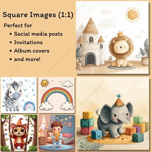 May include: A collection of square watercolor illustrations featuring a lion with a crown, a zebra, a rainbow, a cat, a boy with a teddy bear, and an elephant with a party hat. The text "Square Images (1:1)" and "Perfect for" with a list of uses are also included.