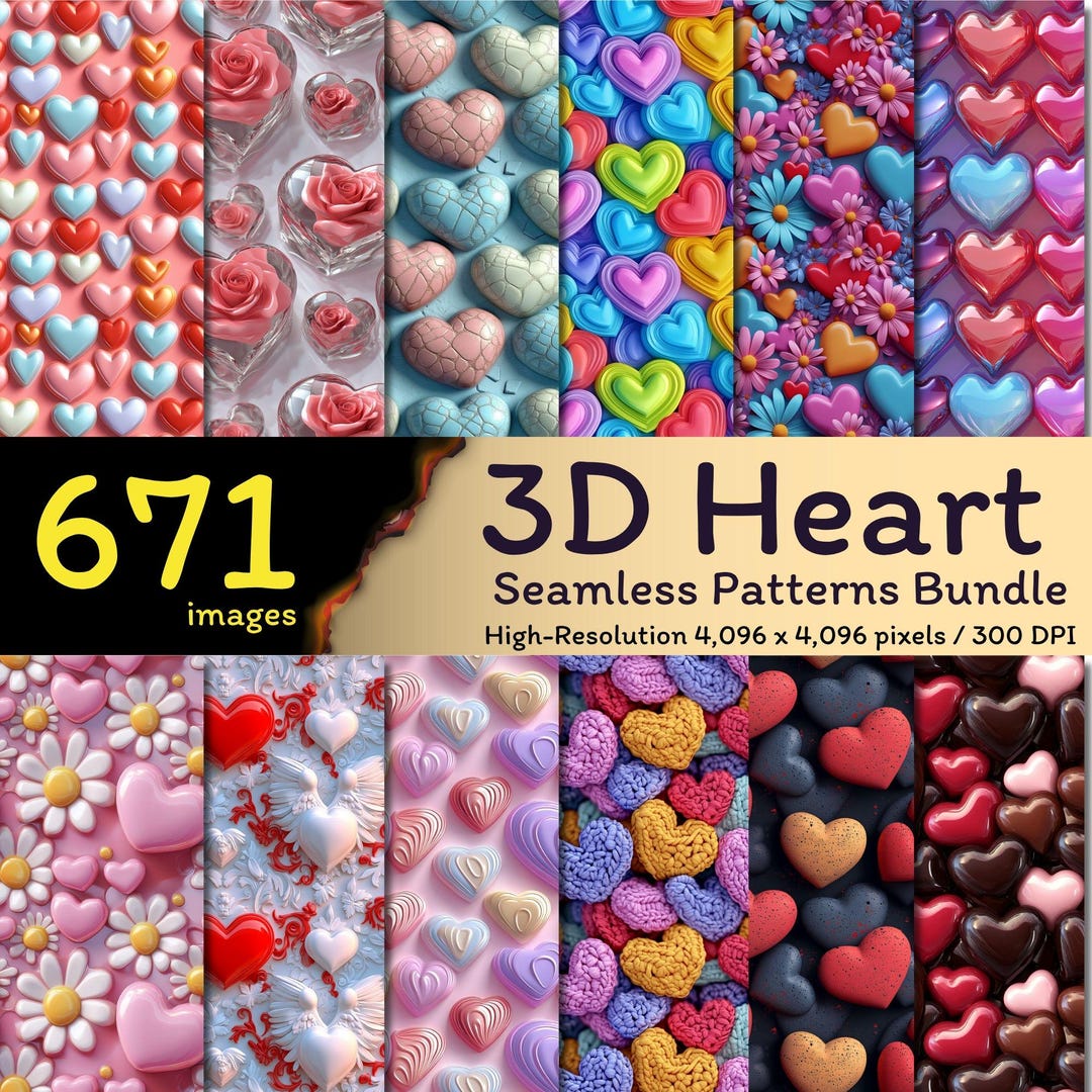 671 3D Heart Seamless Patterns Bundle, Valentine Heart Seamless Pattern ...