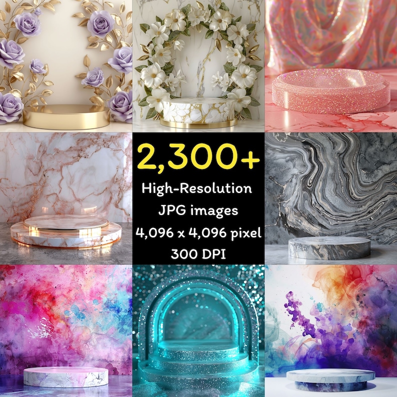May include: A collection of nine high-resolution JPG images showcasing various product display platforms. The images feature marble, gold, and floral elements, with a text overlay stating "2,300+ High-Resolution JPG images 4,096 x 4,096 pixel 300 DPI".