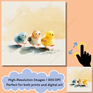 May include: Watercolor painting of three chicks in a row. The first chick is light blue, the second is tan and white, and the third is yellow. They are walking on a white surface with a light yellow background. The image text says "High-Resolution Images / 300 DPI Perfect for both prints and digital art."