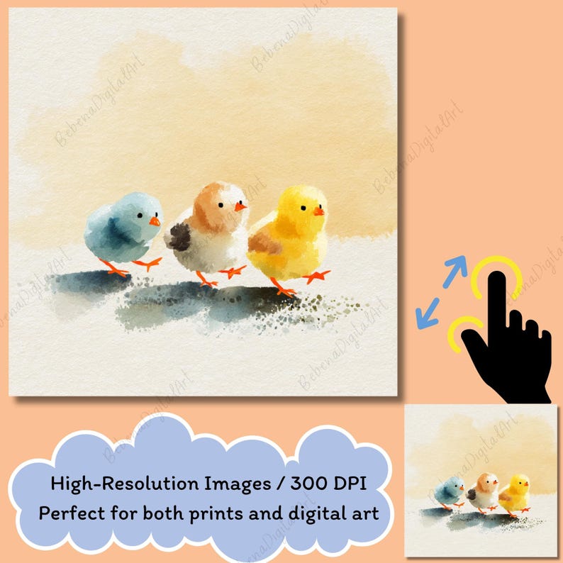 May include: Watercolor painting of three chicks in a row. The first chick is light blue, the second is tan and white, and the third is yellow. They are walking on a white surface with a light yellow background. The image text says "High-Resolution Images / 300 DPI Perfect for both prints and digital art."