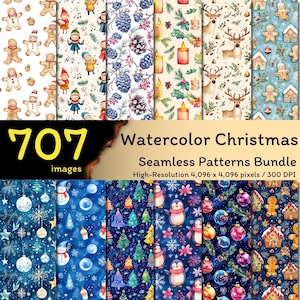 707 Watercolor Christmas Seamless Patterns Mega Bundle, Seasonal Seamless Paper, Xmas Designs, Winter Seamless Pattern Pack, Commercial Use