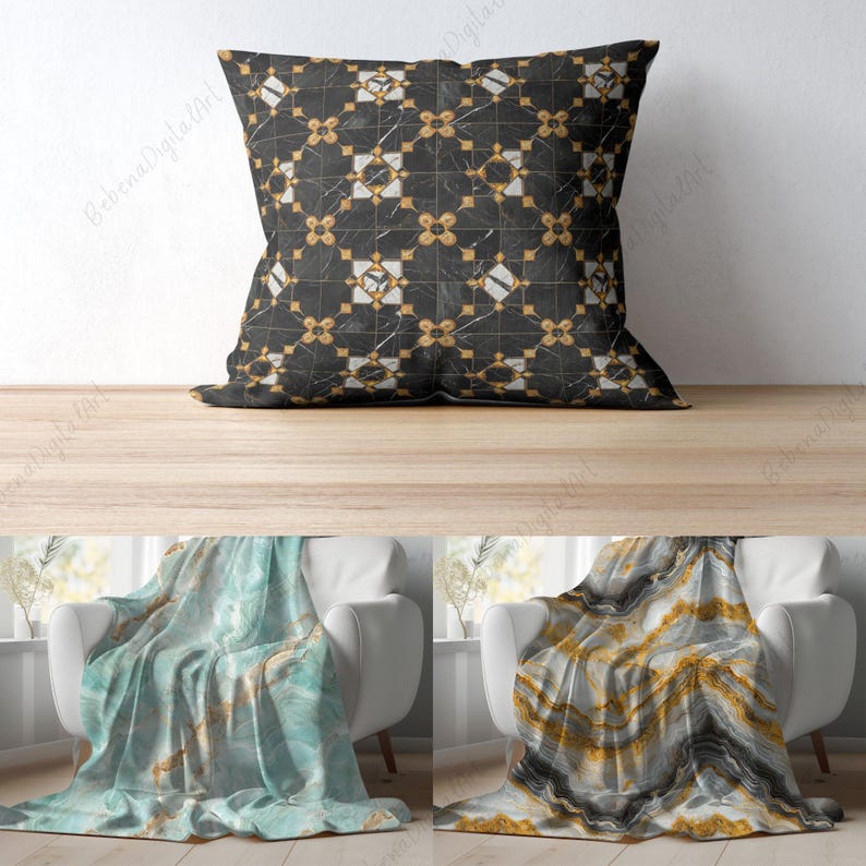May include: Two white chairs with throw blankets. One blanket is blue and white with a marble pattern. The other blanket is grey and white with a marble pattern. A black and gold pillow with a geometric pattern is on a wooden surface.