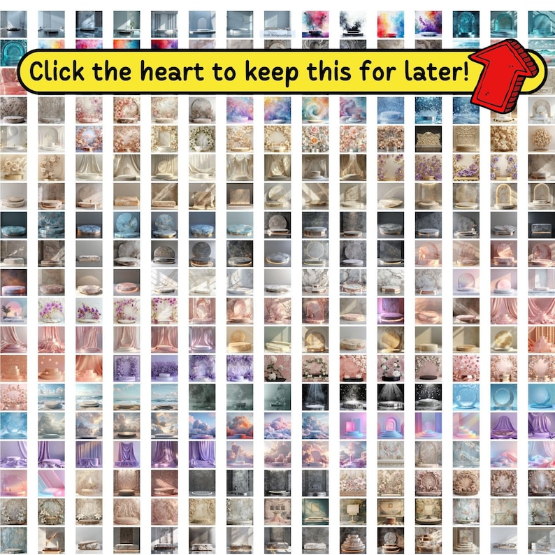 May include: A grid of product display images, each featuring a pedestal with a unique backdrop. The backdrops vary in style, including floral, marble, and abstract designs. Text in the image reads: "Click the heart to keep this for later!"