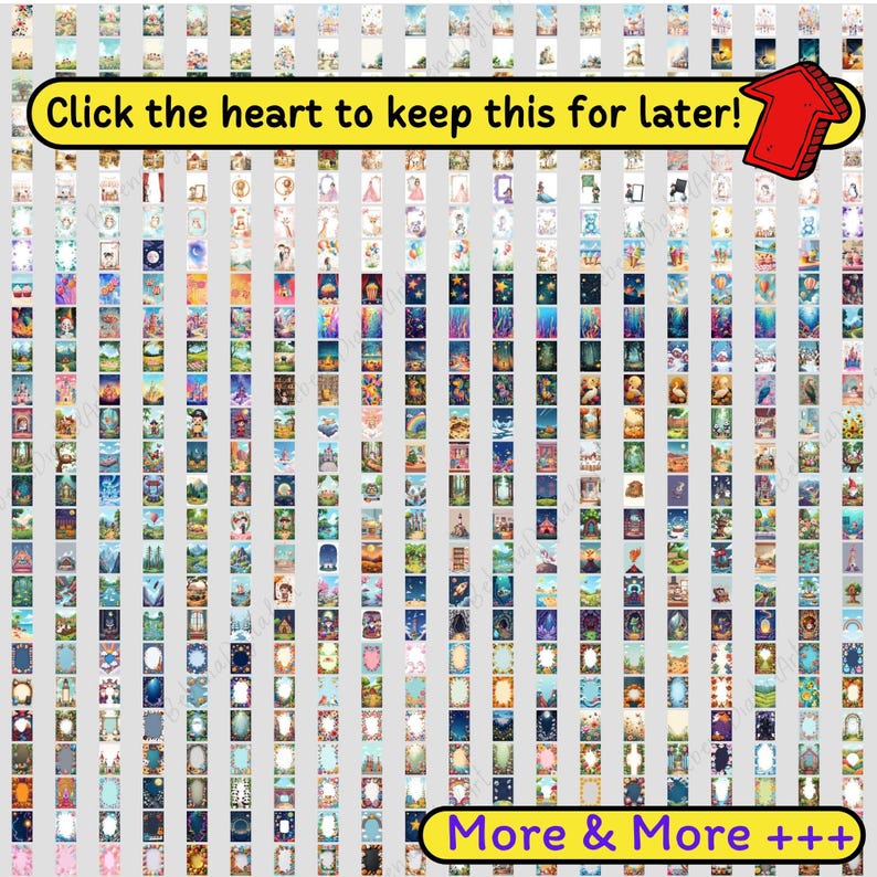 May include: A grid of various art prints with colorful illustrations. The prints feature diverse themes, including fantasy scenes, animals, and nature. Text on the image reads "Click the heart to keep this for later!" and "More & More +++."