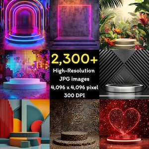 May include: A collection of high-resolution JPG images featuring various product display platforms. The images showcase neon-lit archways, concrete backdrops, and tropical settings. The text reads "2,300+ High-Resolution JPG images 4,096 x 4,096 pixel 300 DPI."