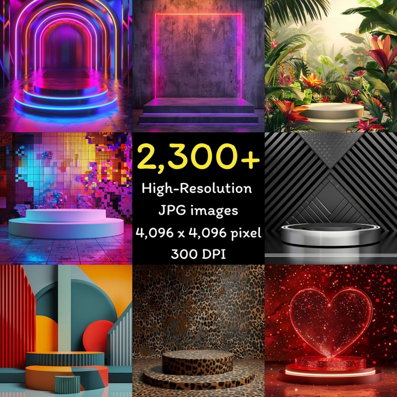 May include: A collection of high-resolution JPG images featuring various product display platforms. The images showcase neon-lit archways, concrete backdrops, and tropical settings. The text reads "2,300+ High-Resolution JPG images 4,096 x 4,096 pixel 300 DPI."