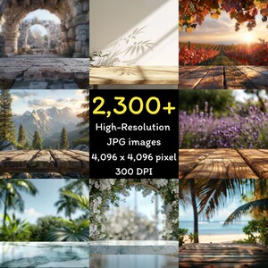 May include: A collection of nine high-resolution JPG images, each featuring a different scenic background. The images include a stone archway, a wooden table with bamboo shadows, a vineyard, a mountain range, lavender fields, a beach, and more. Text reads "2,300+ High-Resolution JPG images 4,096 x 4,096 pixel 300 DPI."
