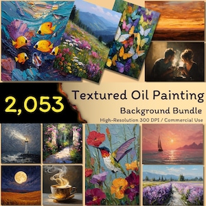 Könnte beinhalten: Eine Sammlung von strukturierten Ölgemälden mit verschiedenen Szenen. Das Bundle enthält Bilder von Fischen, Landschaften, Schmetterlingen, Sonnenuntergängen und mehr. Der Text auf dem Bild lautet "2.053 Textured Oil Painting Background Bundle High-Resolution 300 DPI / Commercial Use."