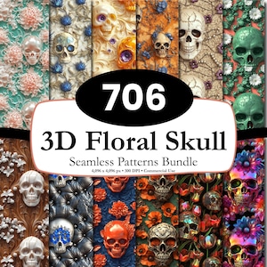 May include: A digital bundle of 3D floral skull seamless patterns featuring various designs with skulls, flowers, and textures. The text 706 3D Floral Skull Seamless Patterns Bundle 4,096 x 4,096 px 300 DPI Commercial Use is visible.