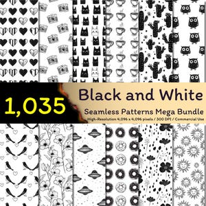 May include: A collection of 1,035 black and white seamless patterns. The patterns include various designs such as hearts, cameras, cats, coffee cups, cacti, owls, birds, flowers, UFOs, doughnuts, raindrops, and suns.