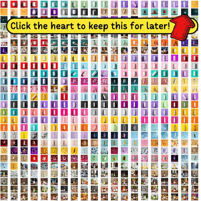 May include: A collage of product images, each set against a different coloured square. The images feature bottles, mugs, and other items. Text at the top says "Click the heart to keep this for later!" with a red arrow.