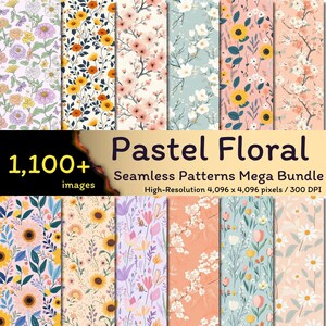 May include: A digital download of 1,100+ pastel floral seamless patterns. The patterns feature various flowers, including sunflowers, daisies, and cherry blossoms, in a variety of pastel colors. The patterns are high-resolution and perfect for creating digital and printed projects.