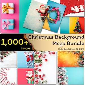 May include: A collage of Christmas themed images, including a red and white Santa Claus, a wreath with yellow and blue ribbon, a Christmas tree with baubles, a red background with snowflakes, and a blue background with candy canes. The text "Christmas Background Mega Bundle" is displayed in the centre of the image, with the text "1,000+ images" below it. The text "High-Resolution / 300 DPI" is displayed below the bundle title.
