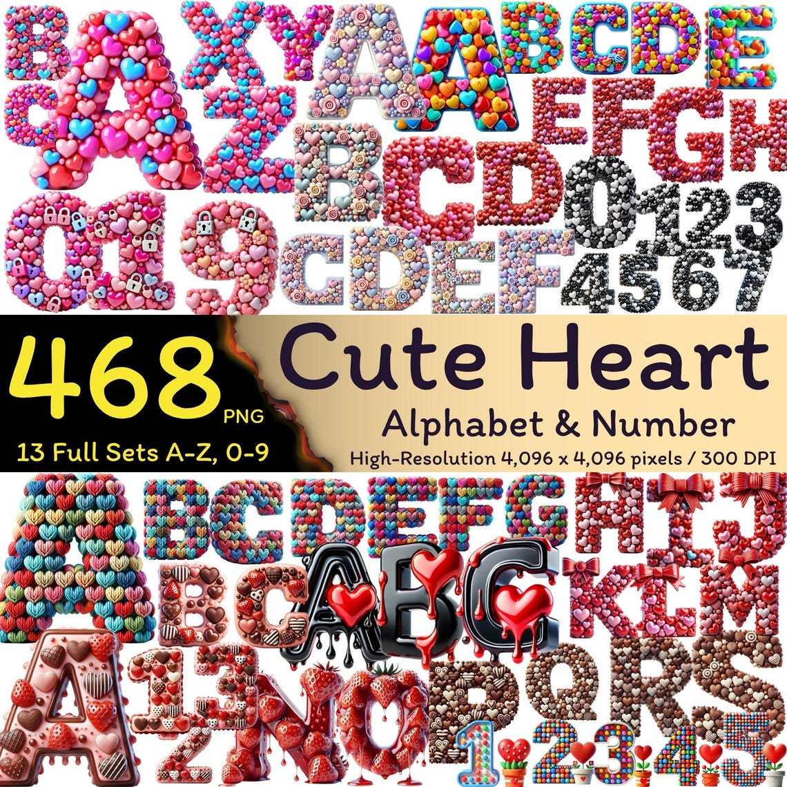 468 Cute Heart Alphabet & Numbers Bundle, Cute Alphabet Clipart ...