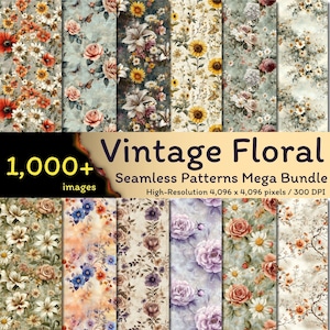 Méga lot de 1 000 motifs floraux vintage sans couture, motif floral sans couture aquarelle, motif floral vintage, sans couture shabby chic, 300 ppp