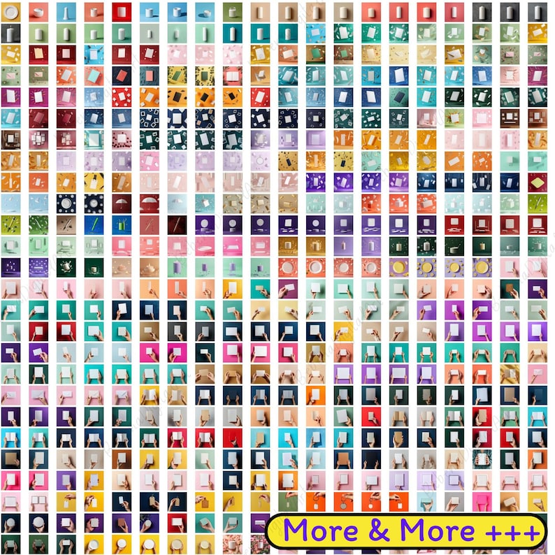 May include: A collection of product images, each displayed on a different coloured backdrop. The products include small boxes, cosmetic items, and items held by hands. The text "More & More +++" is at the bottom.