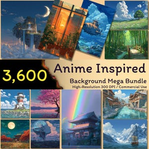 以下が含まれることがあります： アニメにインスパイアされたデジタルアートの背景のコレクション。この画像には、浮島、都市景観、自然の風景など、さまざまな風景が写っています。画像には「3,600 Anime Inspired Background Mega Bundle High-Resolution 300 DPI / Commercial Use」と書かれています。