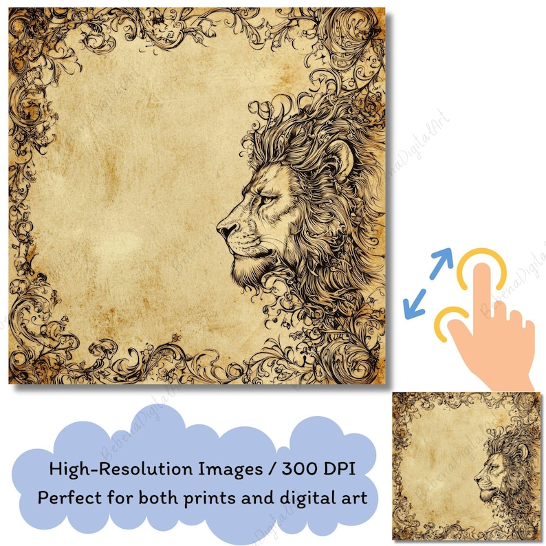 May include: A digital art print featuring a detailed lion's profile in a vintage style. The design includes ornate floral border elements and the text "High-Resolution Images / 300 DPI Perfect for both prints and digital art".