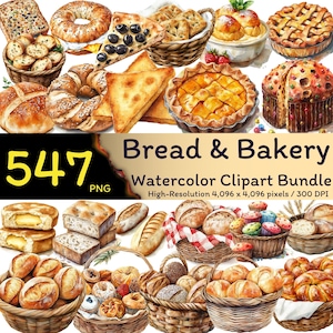 547 Bundle di Clipart ad acquerello per pane e prodotti da forno, Clipart di prodotti da forno al forno, Pane ad acquerello, Clip art PNG, Bundle di Clipart, 300 dpi, Uso commerciale