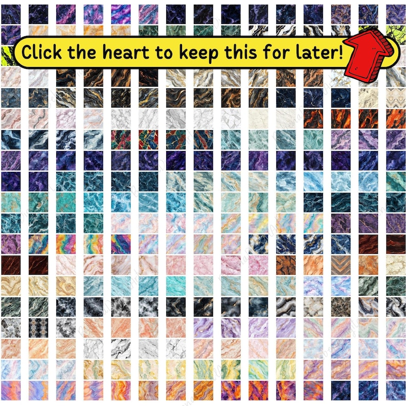 May include: A collection of 100 different marble textures arranged in a grid pattern. Each square displays a unique marble pattern with varying colours and veining. The image is labelled "Click the heart to keep this for later!"