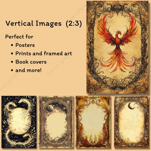 May include: A collection of vertical images with ornate frames. The top image features a phoenix in shades of red and orange. The text reads "Vertical Images (2:3)" and lists uses for posters, prints, book covers, and more.