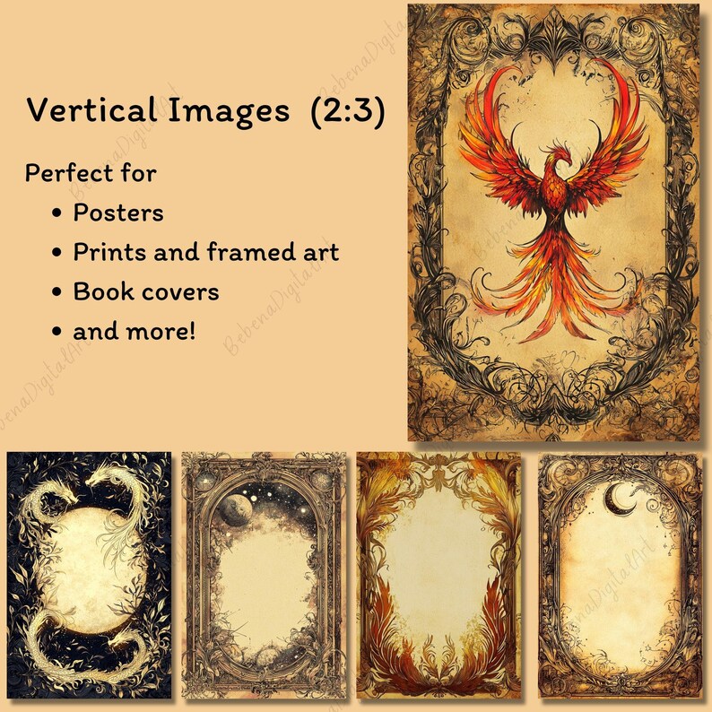 May include: A collection of vertical images with ornate frames. The top image features a phoenix in shades of red and orange. The text reads "Vertical Images (2:3)" and lists uses for posters, prints, book covers, and more.