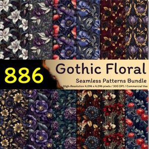 886 gotycko-kwiatowych wzorów bezszwowych, pakiet papieru cyfrowego Dark Flower, tło w stylu vintage z kwiatami, materiały do druku w stylu gotyckim, zastosowanie komercyjne
