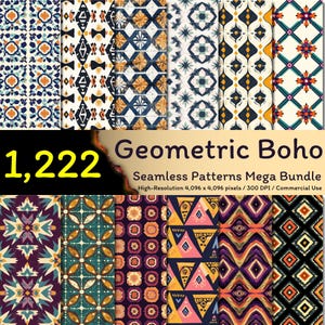 Op de afbeelding: Een verzameling geometrische boho naadloze patronen in verschillende ontwerpen en kleuren. De afbeelding bevat de tekst "1.222 Geometric Boho Seamless Patterns Mega Bundle". De patronen zijn van hoge resolutie, 4.096 x 4.096 pixels, en voor commercieel gebruik.