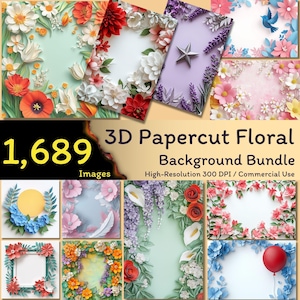 Op de afbeelding: Een verzameling 3D-papierknipsel bloemenachtergrondafbeeldingen. De afbeelding toont verschillende bloemmotieven, waaronder rode, witte en blauwe bloemen, met de tekst "1.689 Afbeeldingen 3D Papercut Floral Background Bundle". Hoge resolutie 300 DPI / Commercieel gebruik.