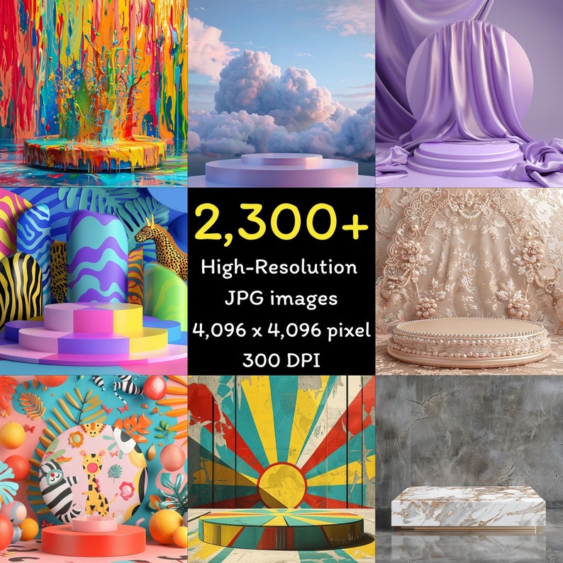 May include: A collage of colorful product display platforms. The image includes a variety of designs, including a platform with a cloud backdrop, a platform with a draped fabric, and platforms with abstract art. The text reads "2,300+ High-Resolution JPG images 4,096 x 4,096 pixel 300 DPI."
