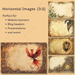 May include: A collection of horizontal images with ornate borders and fantasy themes. The images include a phoenix, a dragon, and a lion. Text on the image reads "Horizontal Images (3:2)" and "Perfect for Website banners, Blog headers, Presentations, and more!"