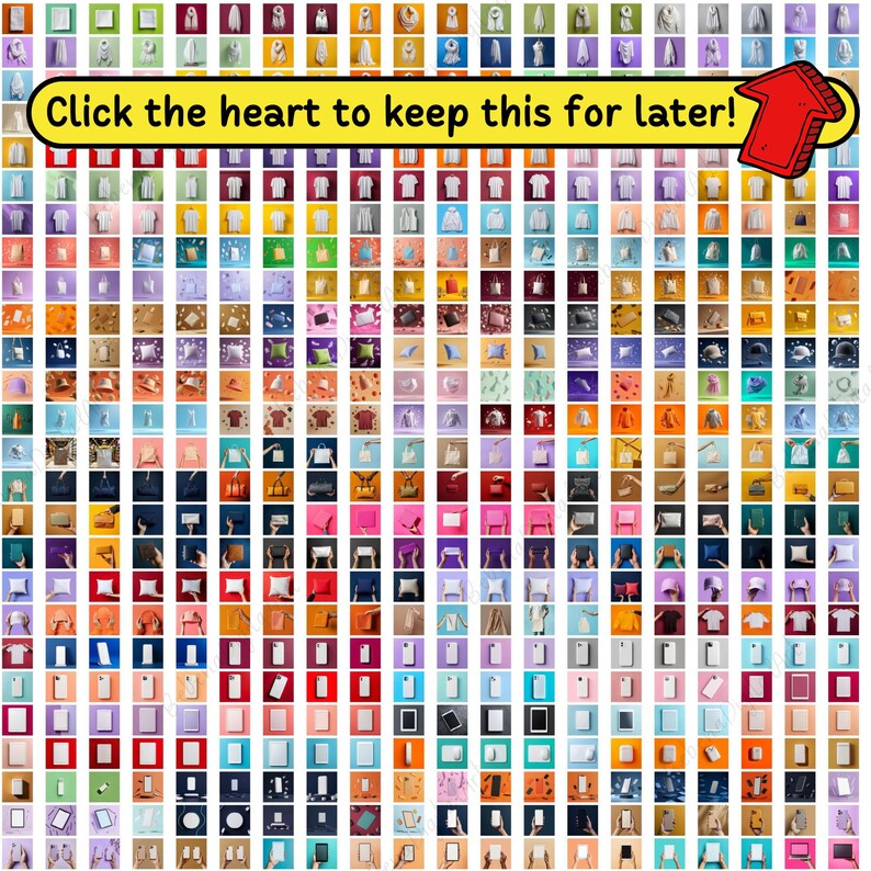 May include: A collage of product images, each on a different coloured background. The images display a range of items, including clothing, accessories, and homeware. A yellow banner with the text "Click the heart to keep this for later!" is at the top.