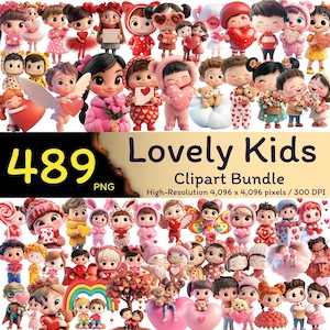 Paquete de 489 imágenes prediseñadas de niños adorables, imágenes prediseñadas 3D, imágenes PNG de San Valentín para niños adorables, paquete de imágenes PNG de sublimación, 300 ppp, descarga digital, uso comercial