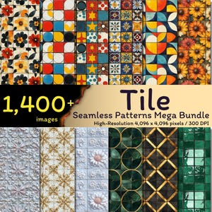 May include: A collection of 1,400+ seamless tile patterns in a mega bundle. The patterns are high-resolution, measuring 4,096 x 4,096 pixels at 300 DPI. The patterns feature a variety of colors and designs, including geometric, floral, and abstract.