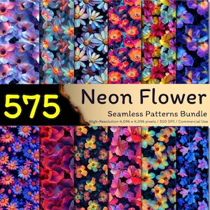 Puede incluir: Una descarga digital de 575 patrones de flores de neón sin costuras. Los patrones presentan una variedad de flores en colores brillantes y vibrantes sobre un fondo oscuro. Los patrones son de alta resolución y perfectos para uso comercial.