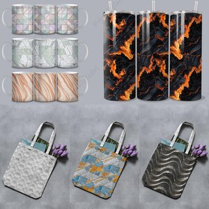 May include: Set of three different patterned mugs, three different patterned tote bags, and three different patterned tumblers. The mugs are white with geometric, marble, and wood grain patterns. The tote bags are white with geometric, marble, and wave patterns. The tumblers are black with orange lava flow patterns.